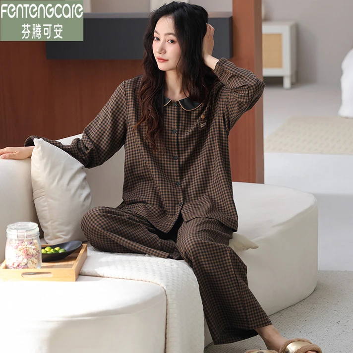 芬腾可安新款长袖睡衣女士梭织纯棉春秋季休闲格子家居服秋冬薄款