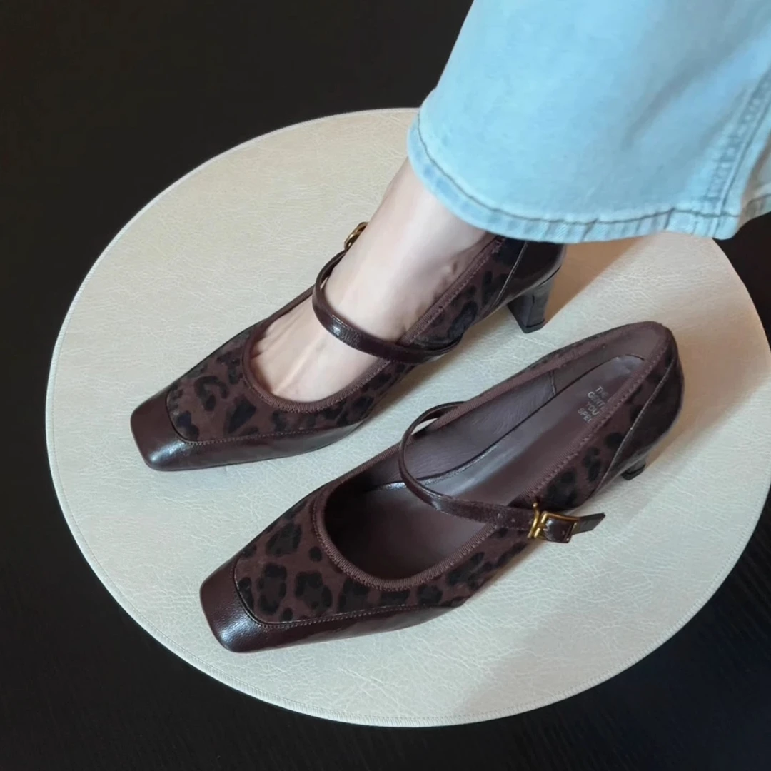 Pokoy-6cm豹纹拼接一字带玛丽珍鞋豹纹高跟女单鞋