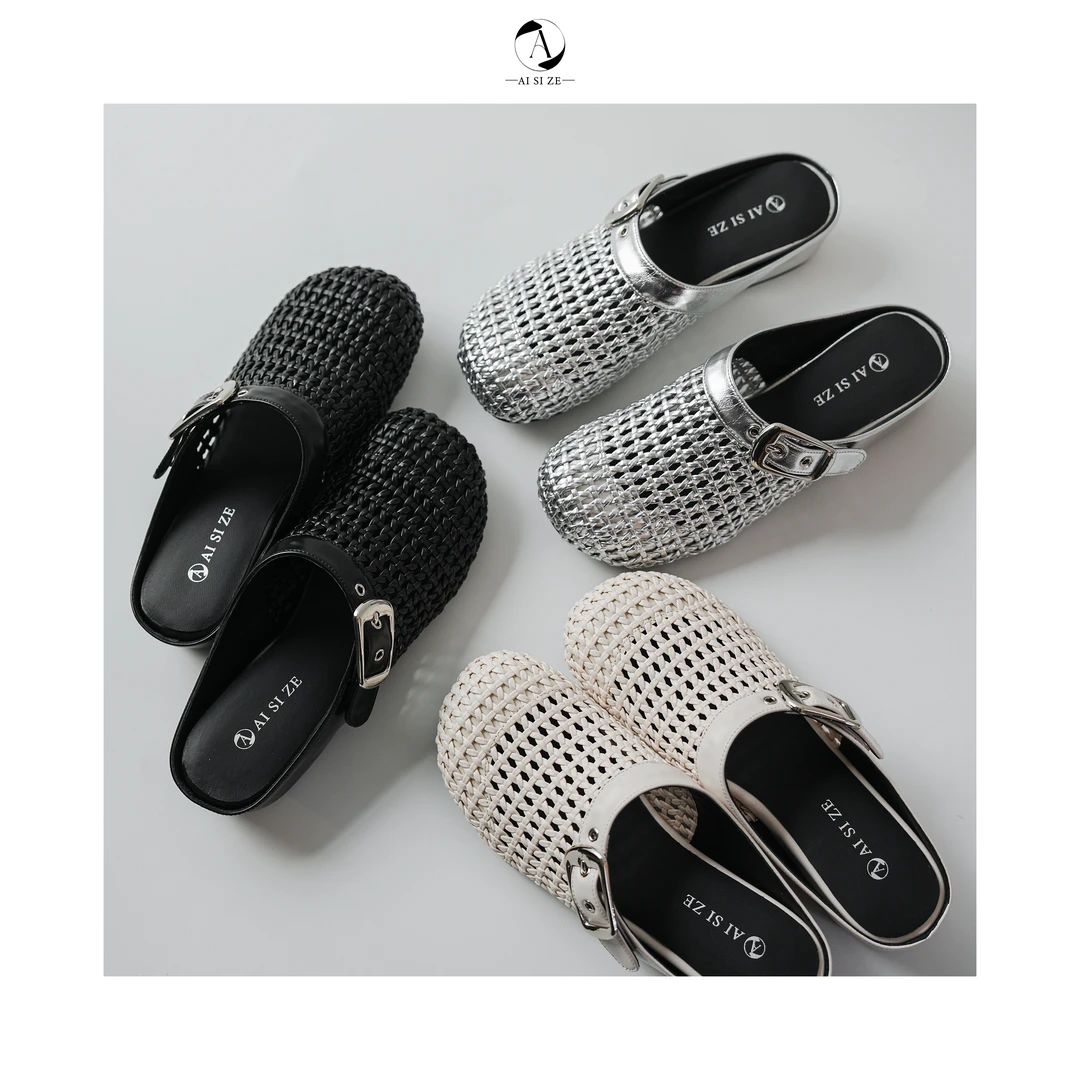 跟高4cm/34-39/春夏款透气中跟圆头简约坡跟镂空编织包头拖鞋女