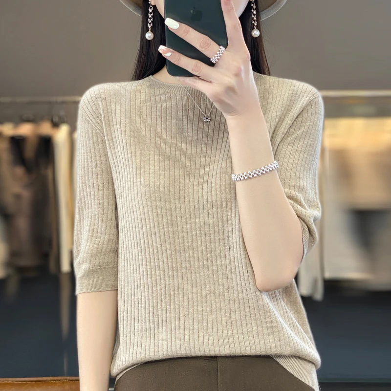 春秋圆领精纺羊毛打底衫女五分袖坑条薄款针织衫纯色半袖背心T恤