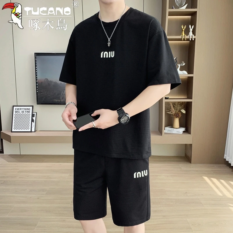 TUCANO/啄木鳥夏季新款冰丝短袖t恤男士宽松休闲套装潮男短裤整套