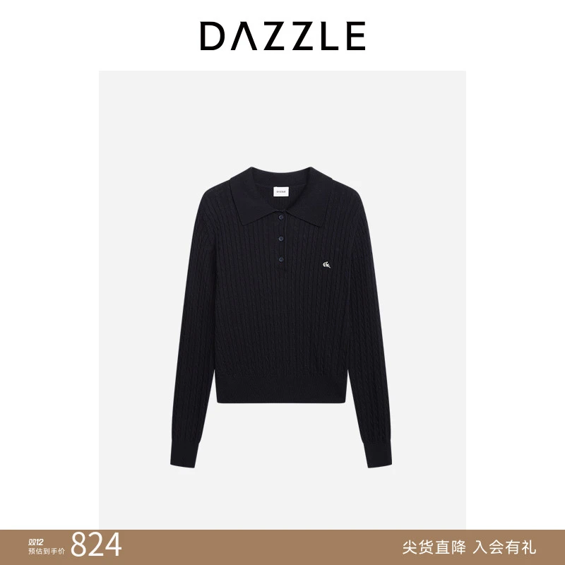 DAZZLE 地素毛衣25春深蓝色纯棉全棉绞花Polo领毛衫针织衫2J1E462