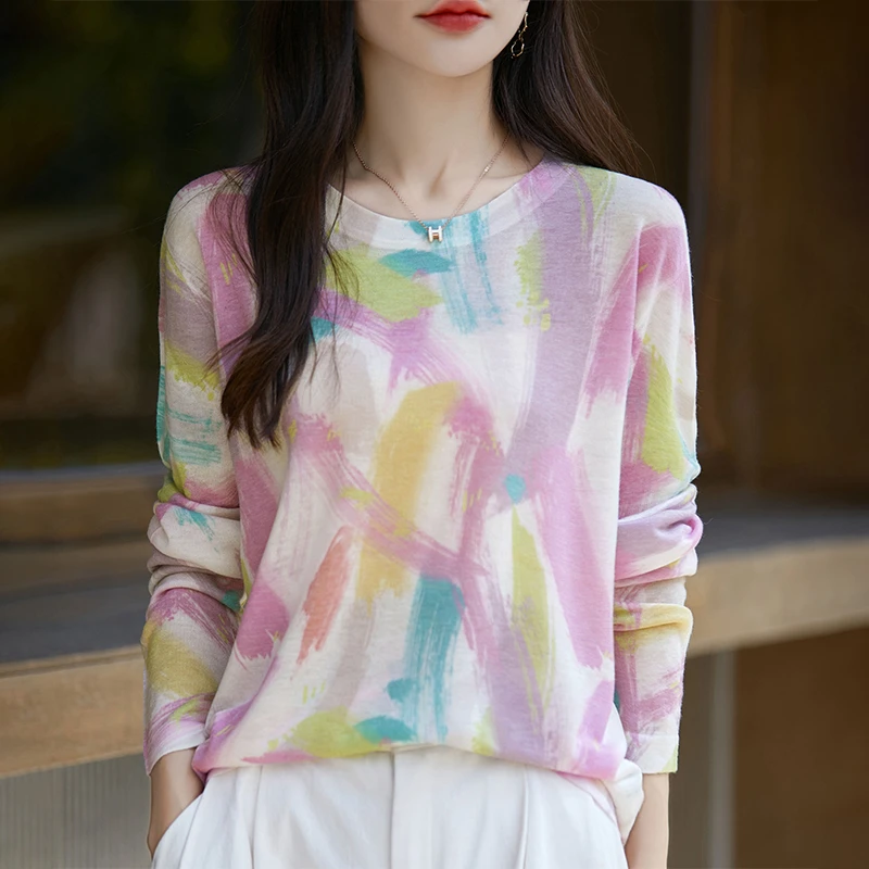 春秋薄款精纺水溶羊毛针织衫长袖毛衣女宽松圆领拼色印花打底上衣