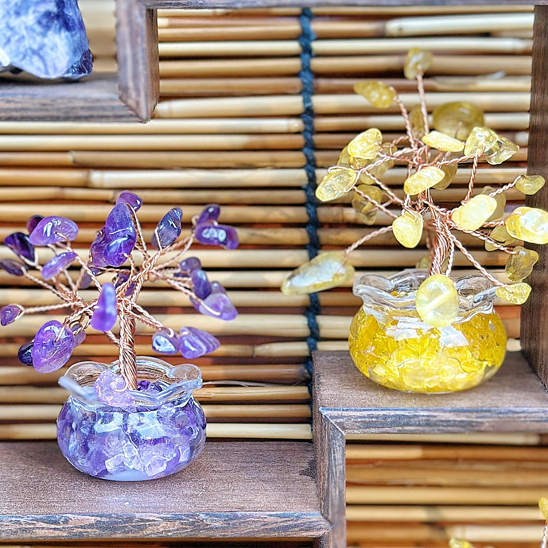 859聚宝盆天然水晶发财树紫黄水晶 桌面高档装饰手工工艺品