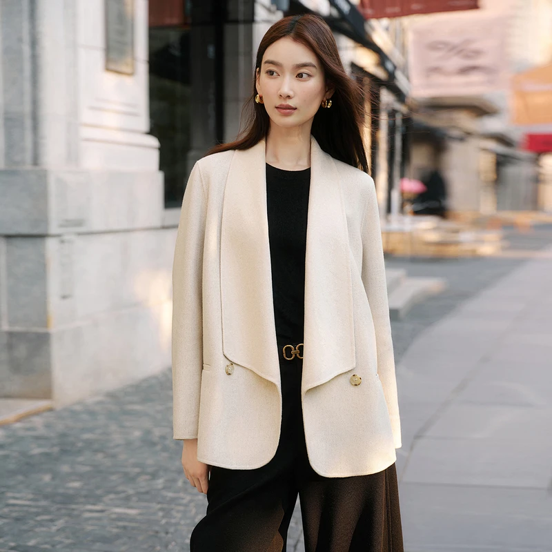 EP雅莹秋装新款女装 牦牛绒羊毛混纺一手长双面呢大衣8219B