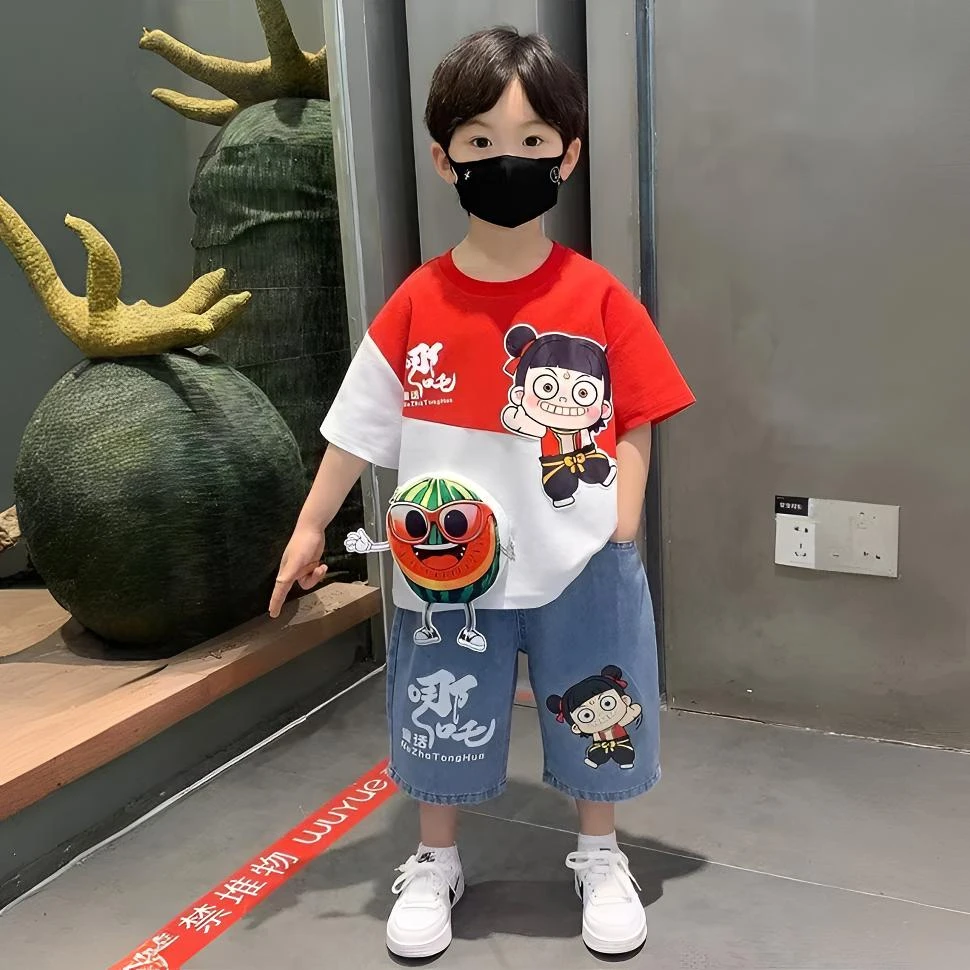 儿童哪吒休闲衣服男童夏季套装童装网红宝宝薄款夏装帅气男孩潮款