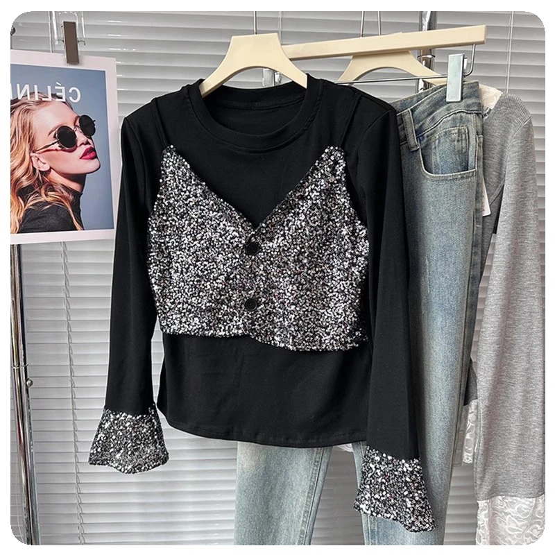 2025春季新款德绒打底衫女重工亮片修身显瘦假两件长袖显瘦女上衣