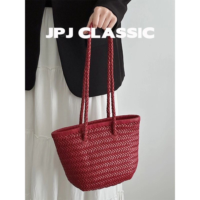 jpj头层植鞣牛皮编织包女单肩腋下水桶包菜篮子通勤度假风1862