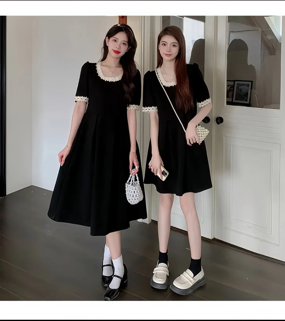 2025夏新大码微胖长短款连衣裙蕾丝方领闺蜜装收腰法式洋气衣服女