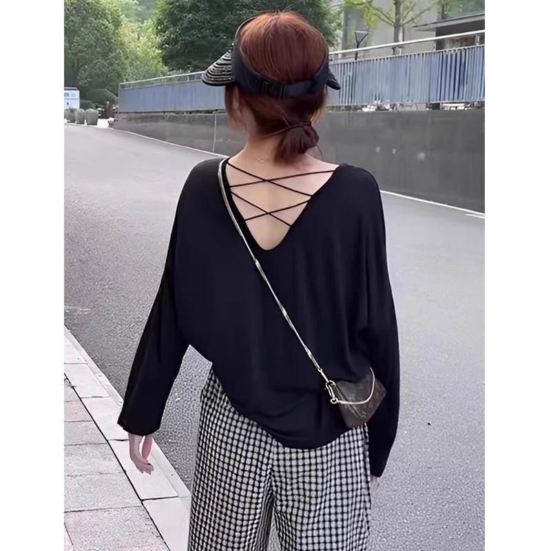 白色雪花棉防晒长袖T恤女夏季微透防晒罩衫大领口后背镂空上衣潮