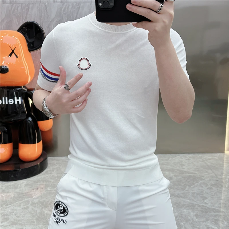 2025新款男士春夏季高品质冰麻针织提花半袖时尚潮流圆领短袖