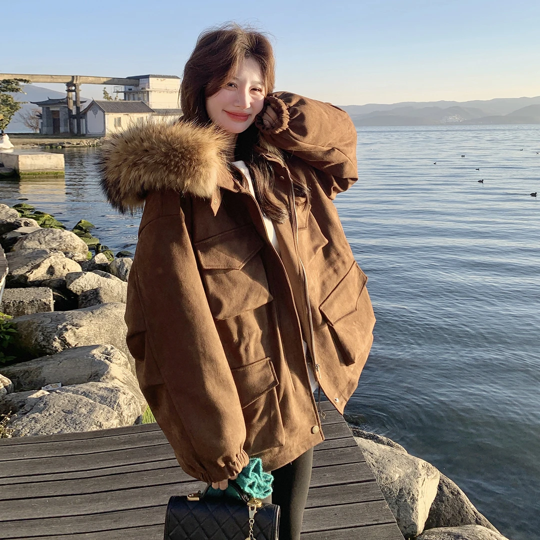 咖色美拉德大毛领派克羽绒服女冬季2025新款氛围感工装白鸭绒外套