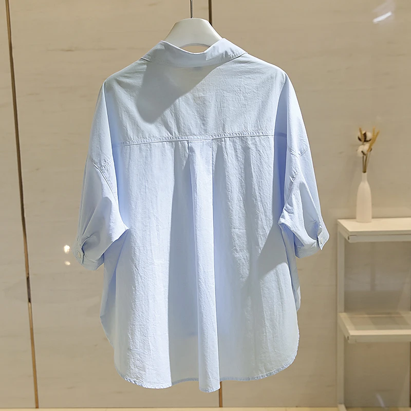 culv蓝色双口袋简约短袖衬衫女夏季新款宽松遮肚子显瘦百搭棉衬衣