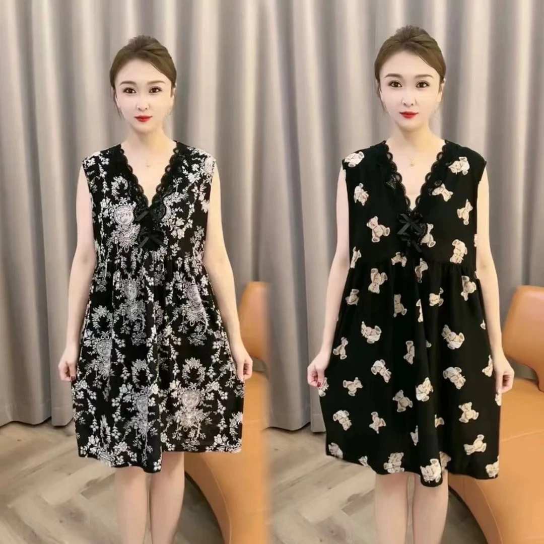 2025夏季透气薄款宽松显瘦遮肉时尚蕾丝v领睡裙空调速干洞洞网眼