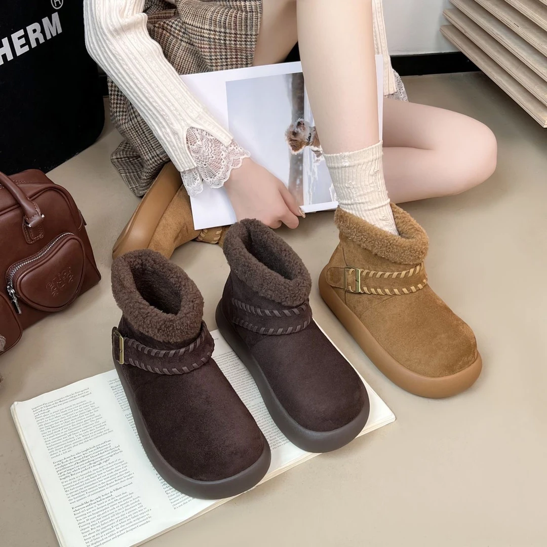 平底勃肯鞋女丑萌大头勃肯鞋短靴2025新款冬季加绒马丁靴雪地5126