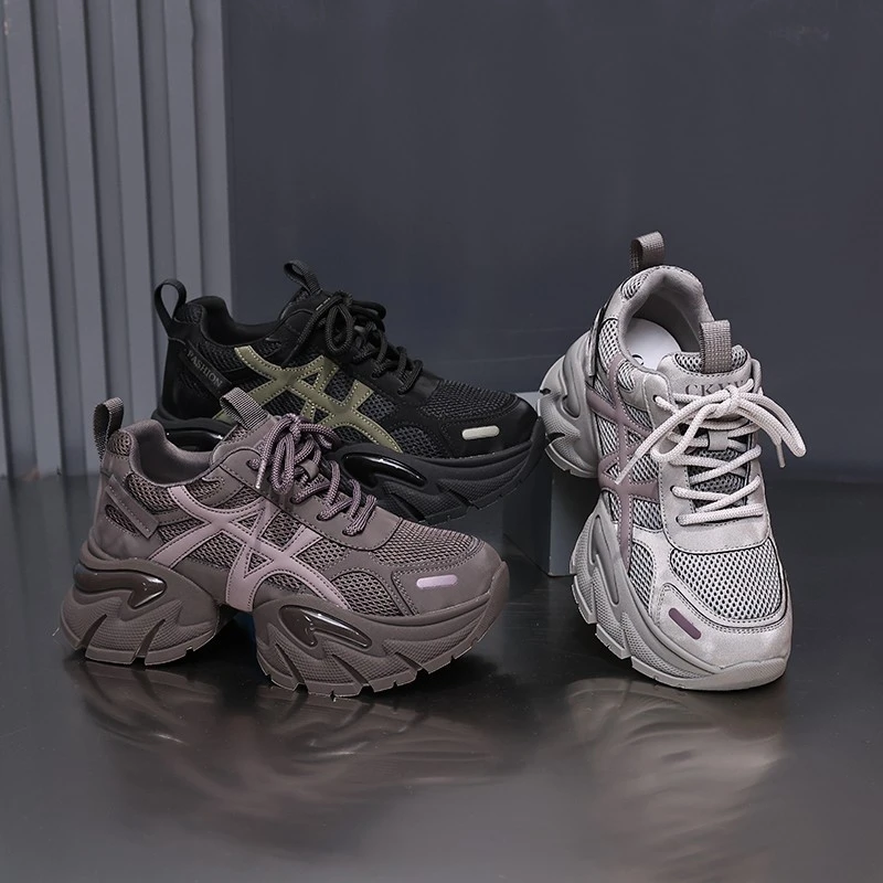 31码起小个子增高6～8厘米真皮网老爹鞋2025爆款网红款厚底休闲鞋