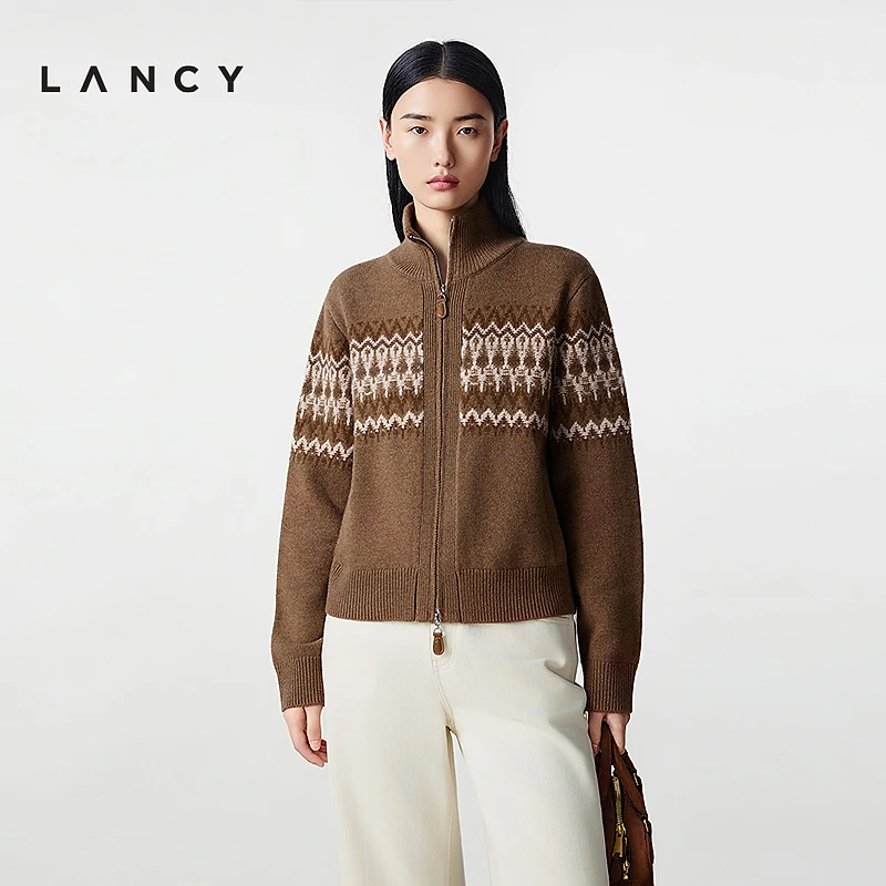 【纯羊毛】LANCY/朗姿2025冬新款费尔岛高领双拉链提花针织开衫女