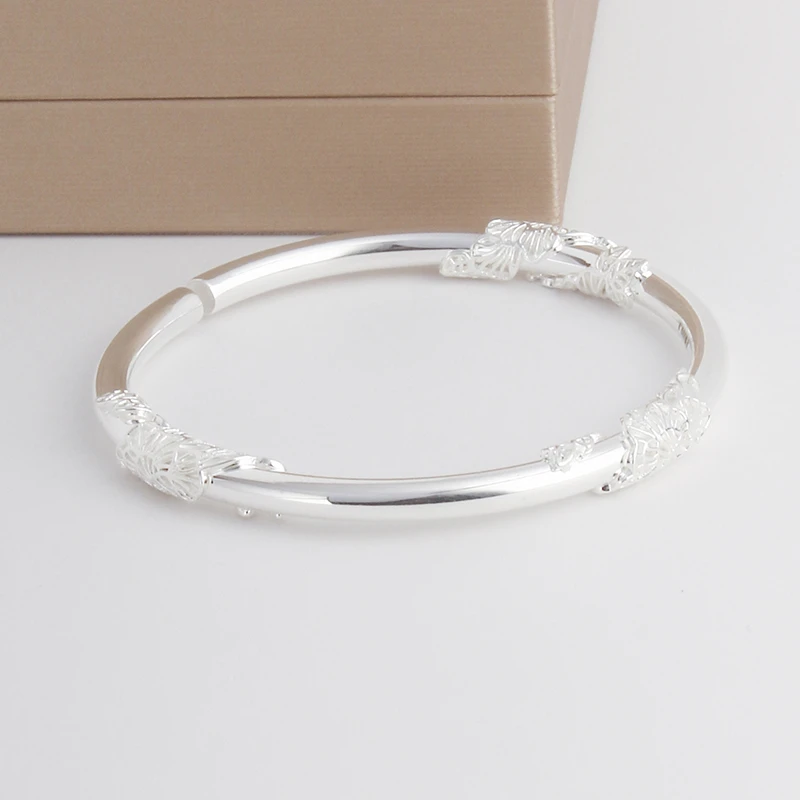 足银手镯 足银999.9开口繁花吉言实心手镯女时尚经典百搭精美礼物