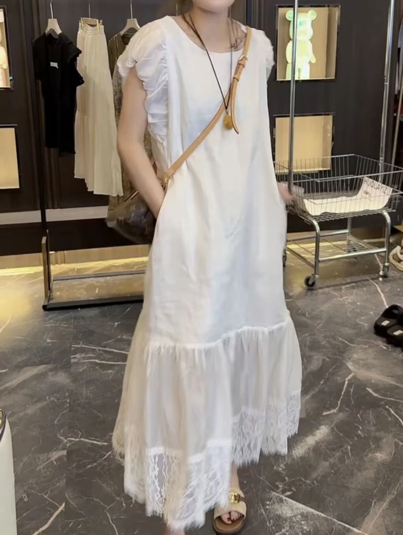 夏季新款重工刺绣镂空蕾丝洋气减龄亚麻连衣裙气质时尚拼接鱼尾裙