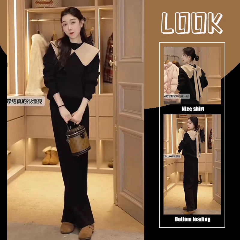 茶系穿搭一整套春季设计感独特可拆卸大蝴蝶结圆领卫衣黑色休闲裤