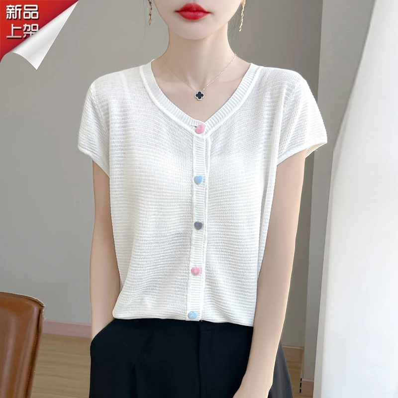 品牌时尚新品2025夏季镂空短袖针织衫女上衣薄款爱心彩扣洋气显瘦