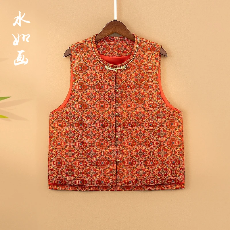 【婵娟】2025春季新款新中式马甲国风圆领提花宽松红色上衣马夹女款