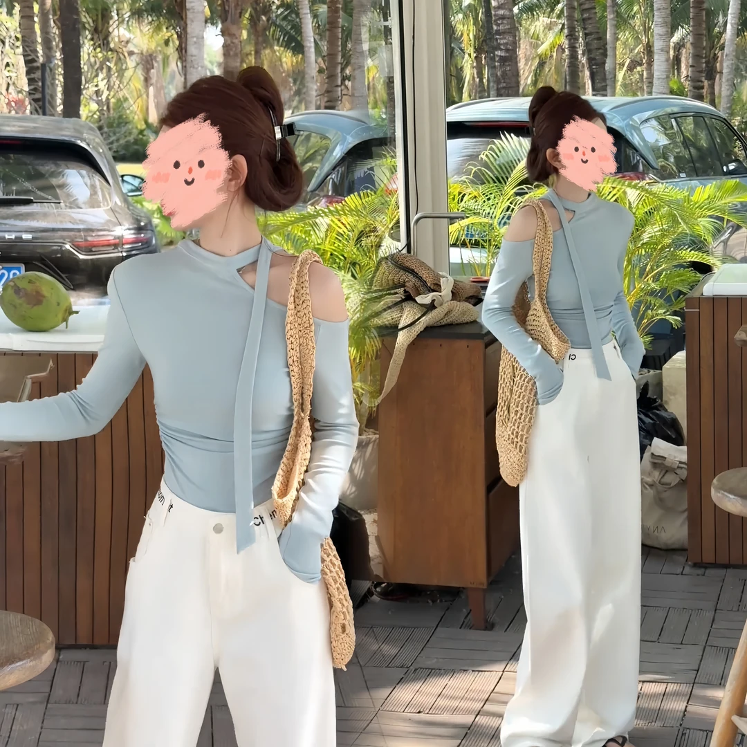 韩系飘带绕脖露肩T恤女纯欲设计感气质显瘦百搭长袖打底衫上衣潮
