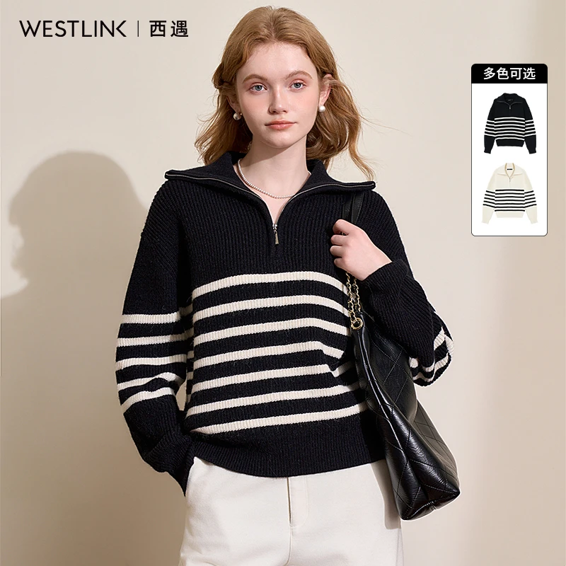 3592西遇黑白条纹拉链翻领毛衣女2024年秋冬保暖针织衫上衣
