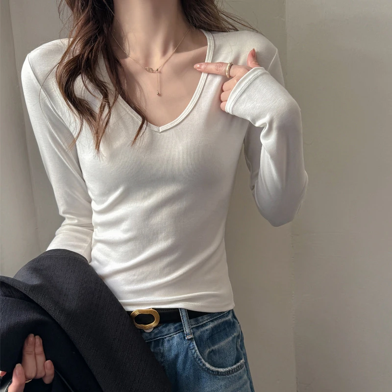 严选白色内搭打底衫女早秋天丝莱赛尔正肩v领修身显瘦设计感上衣