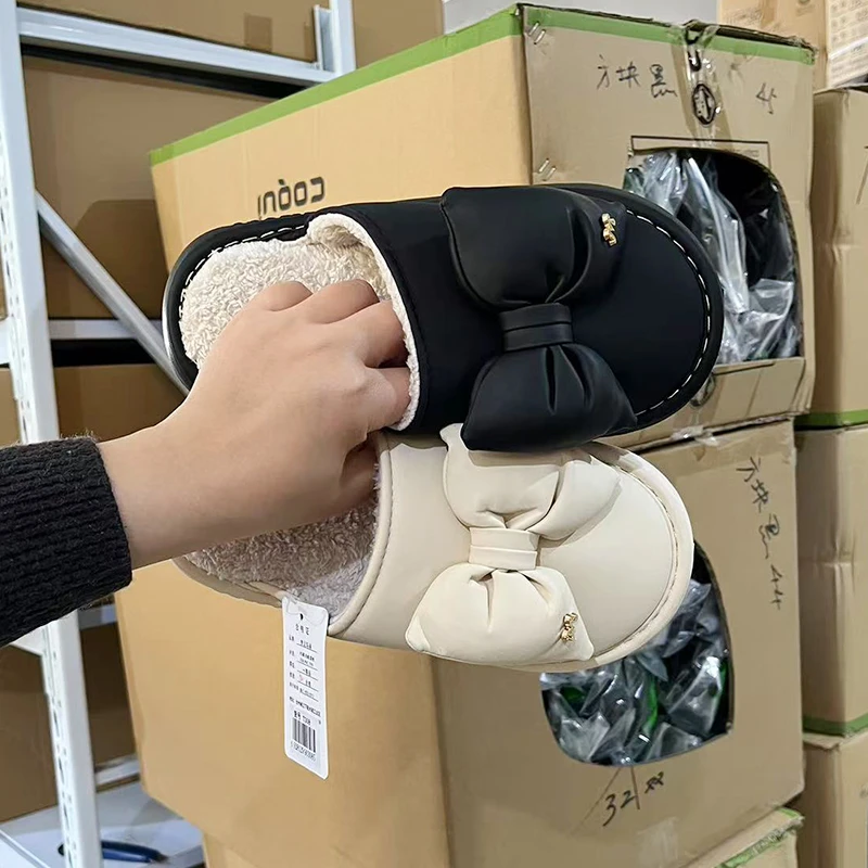 蝴蝶结T308防水棉拖鞋女秋冬季室内外穿时尚防滑加绒保暖居家拖鞋