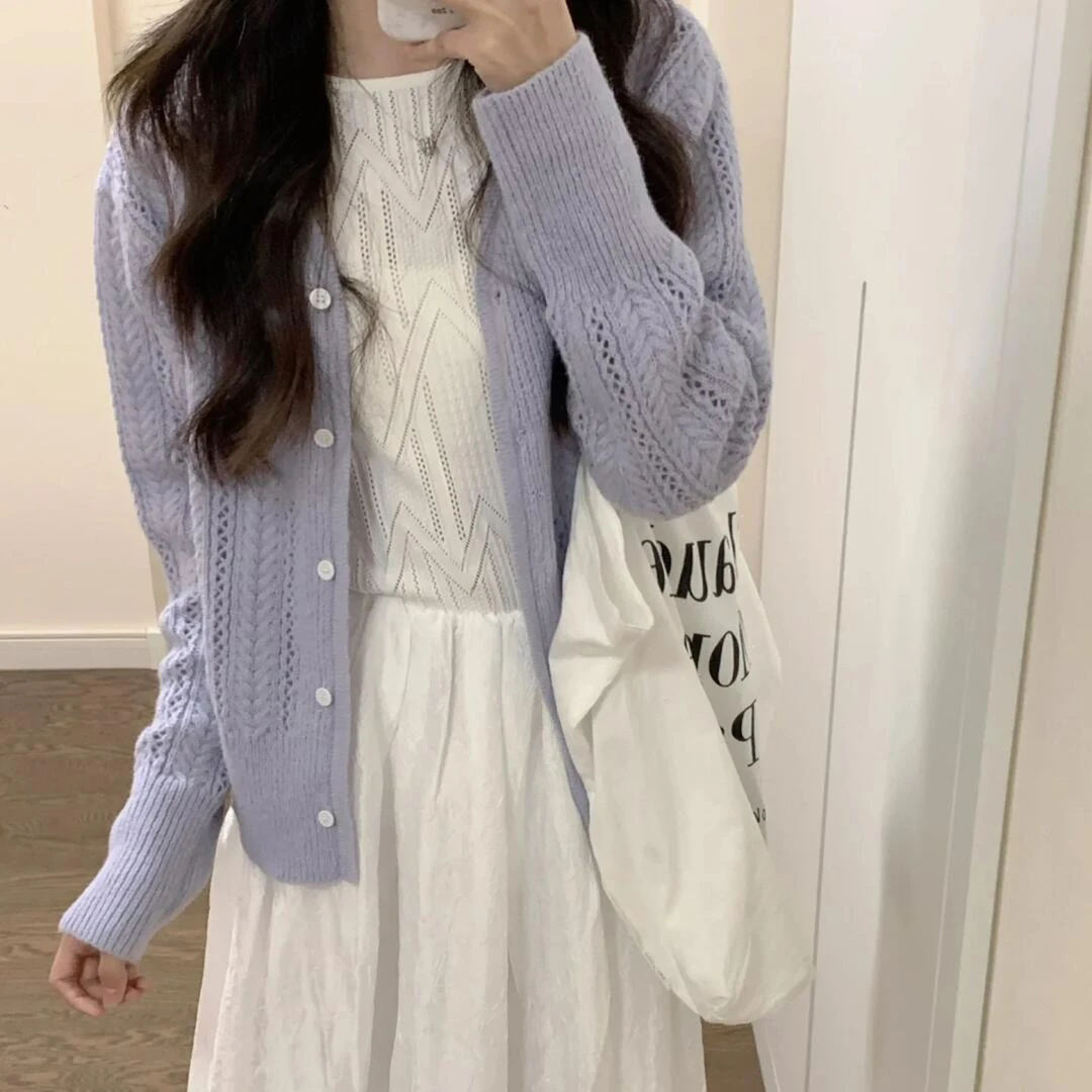 紫色镂空毛衣薄款外套女春2025早秋温柔风开衫气质穿搭针织衫上衣