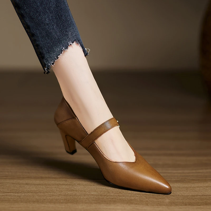 小个子增高6.5cm~真皮复古玛丽珍鞋尖头粗跟高跟鞋通勤浅口单鞋女