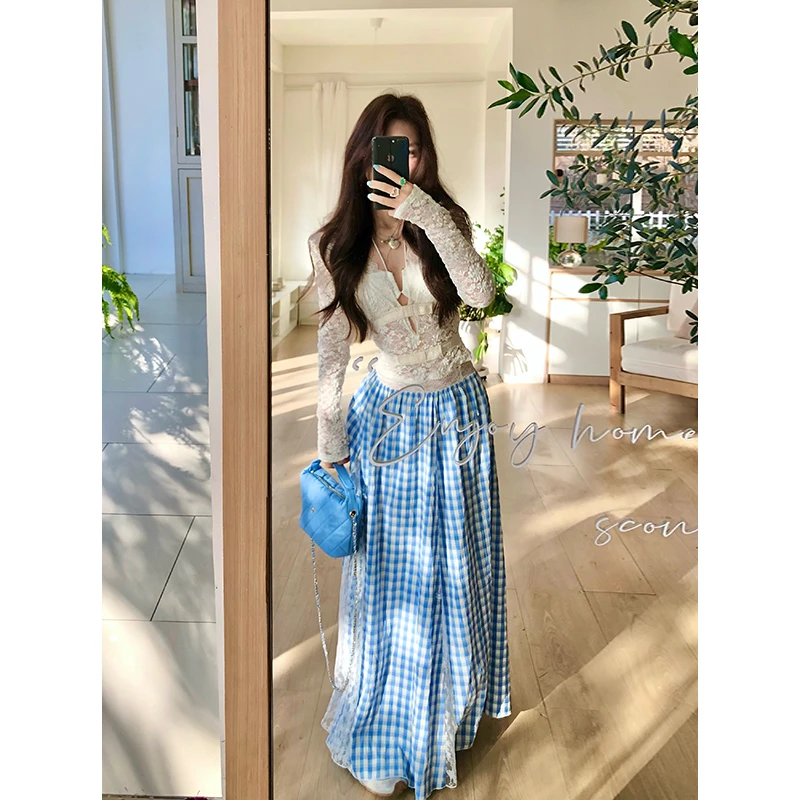 【12YE】韩系小清新格子拼蕾丝长半裙 Q0011