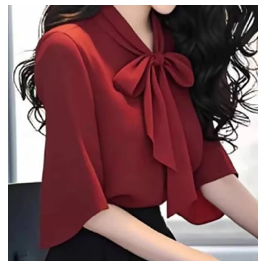 桑蚕丝红色蝴蝶结系带中袖衬衫女法式高级感衬衣轻奢洋气真丝上衣