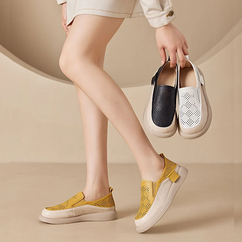 夏季透气休闲风镂空乐福鞋软底软面豆豆鞋春夏舒适女鞋平底单鞋