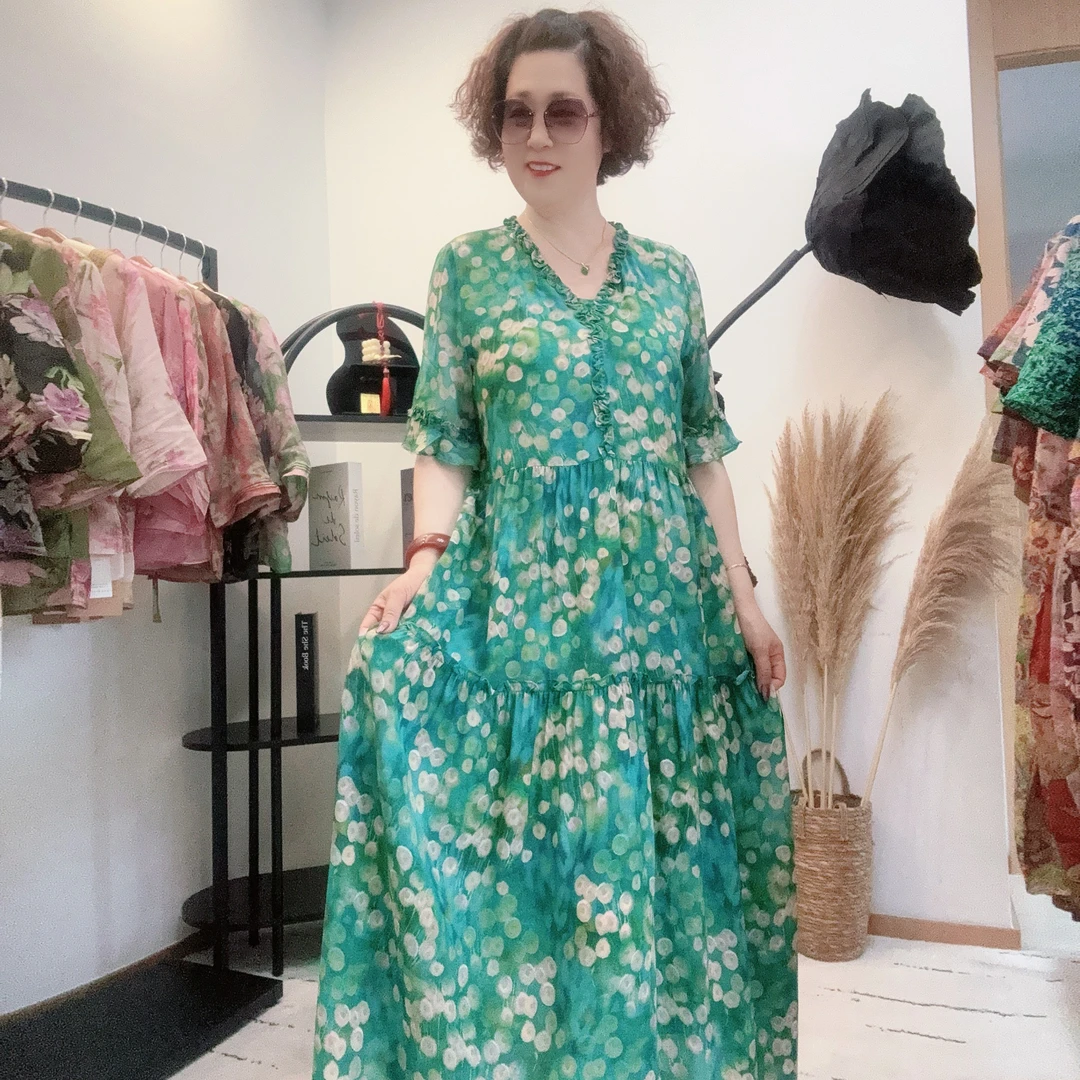 桑蚕丝真丝v领气质绿色连衣裙