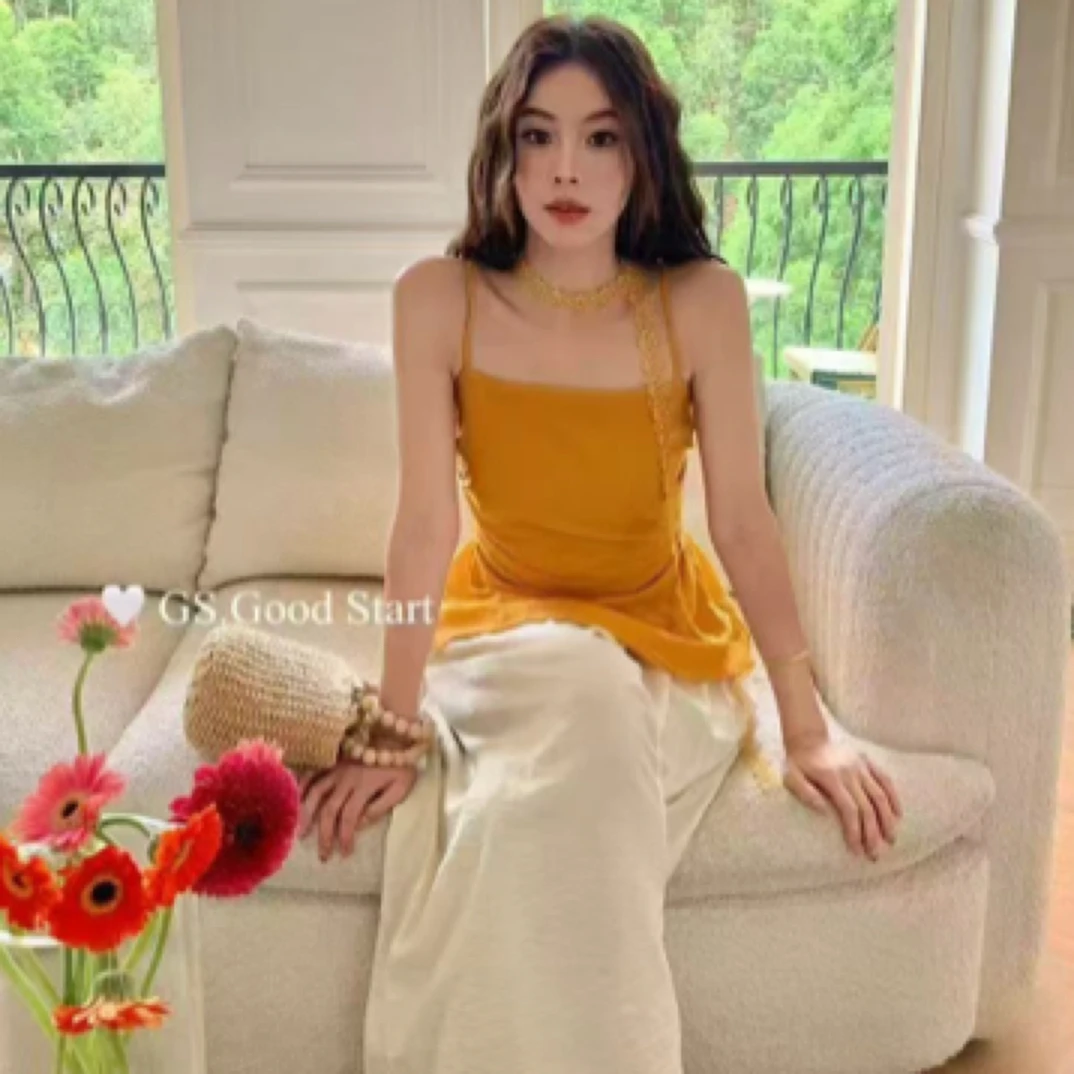夏季气质简约收腰多色配飘带吊带背心女