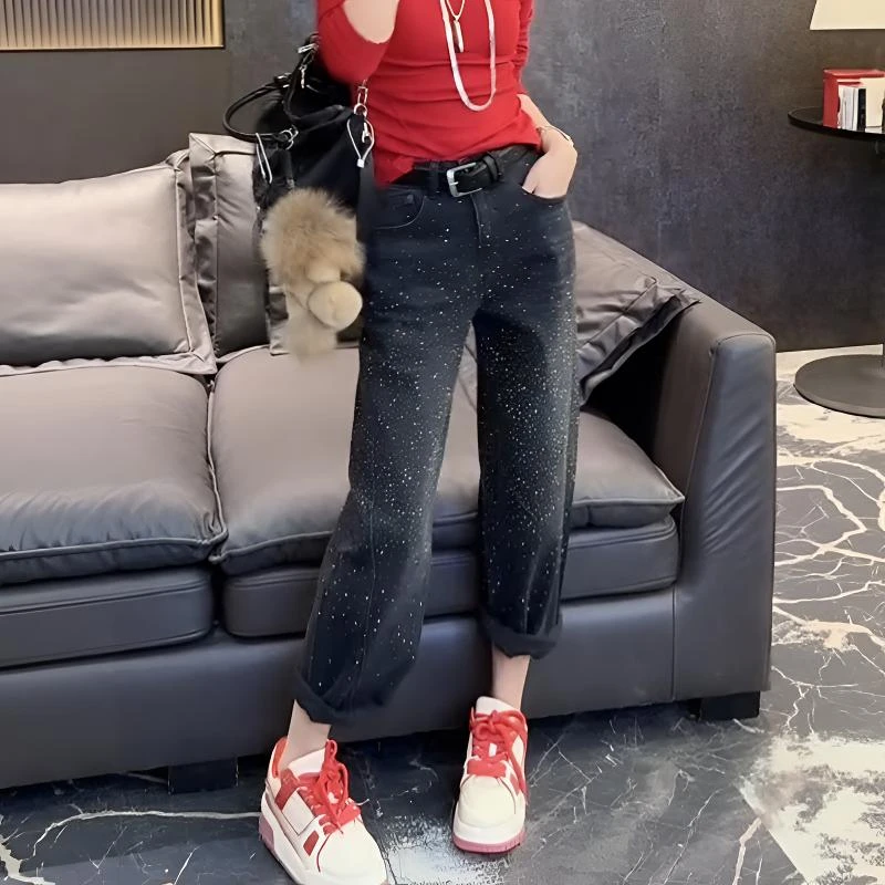 法式2026春季新款女装小众高级感满天星镶钻窄版九分牛仔老爹裤子