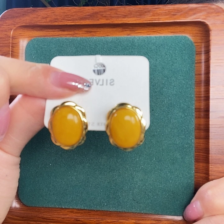 银S925镶嵌蜜蜡耳饰耳钉