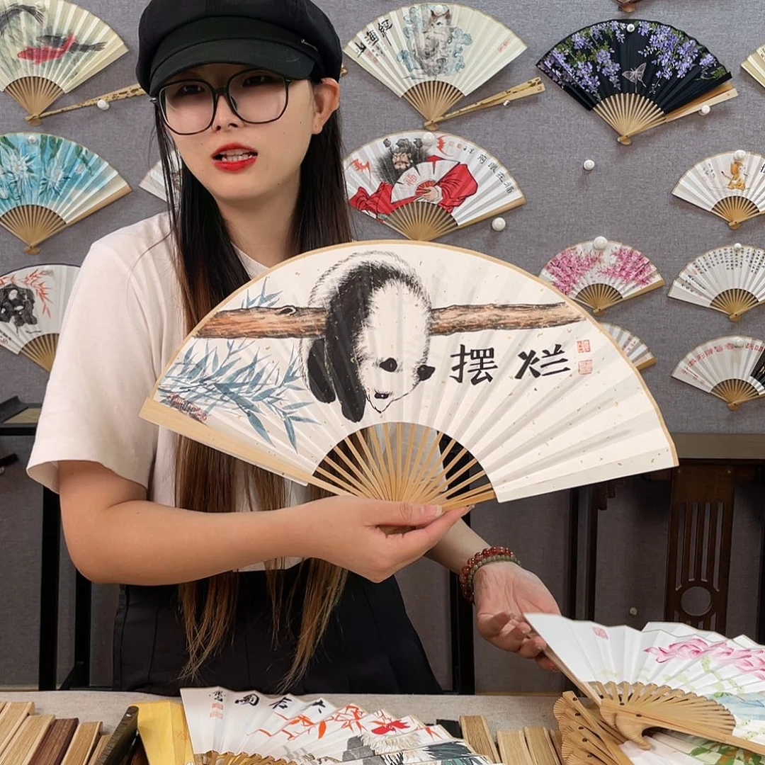 国画8寸玉竹-纯手绘-文玩扇骨(默认粘好)