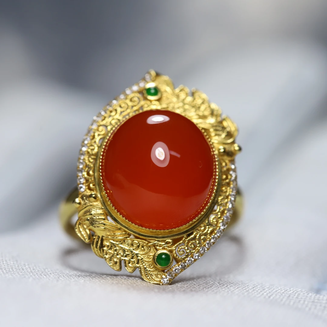 国风轻奢18K金南红玛瑙戒指 天然钻石镶嵌 高级感珠宝首饰礼物