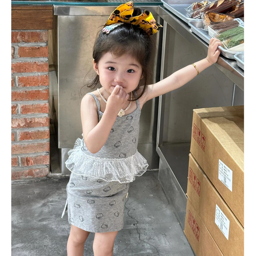 小思家女童连衣裙2025夏季新款甜美韩版洋气卡通猫无袖吊带短裙