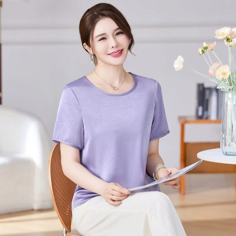 妈妈清凉夏装短袖圆领小衫新款中老年女装夏季时尚上衣2509PY
