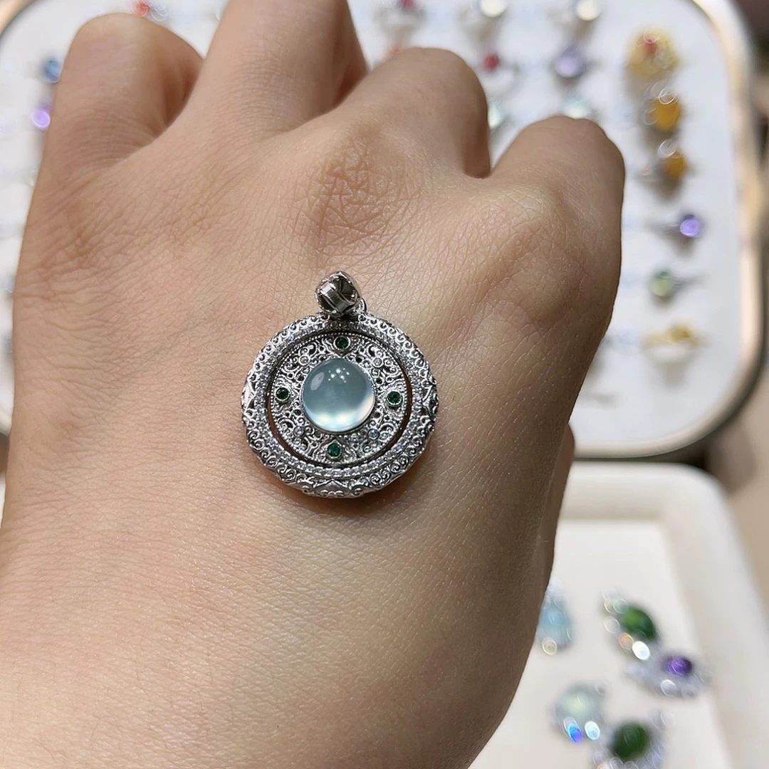 蛇纹石玉戒指银S925镶嵌吊坠