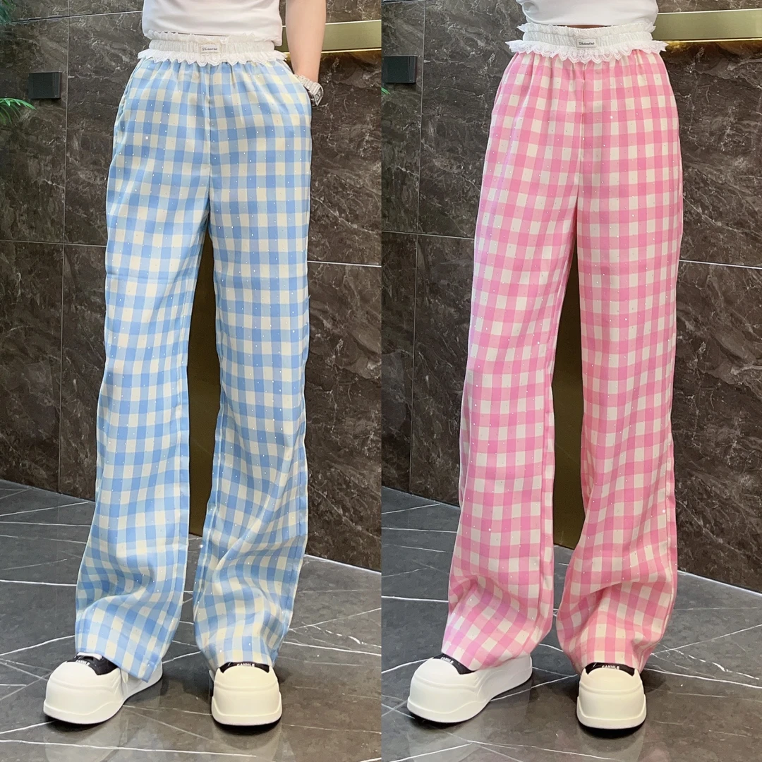 欧货糖果色格子满钻休闲裤