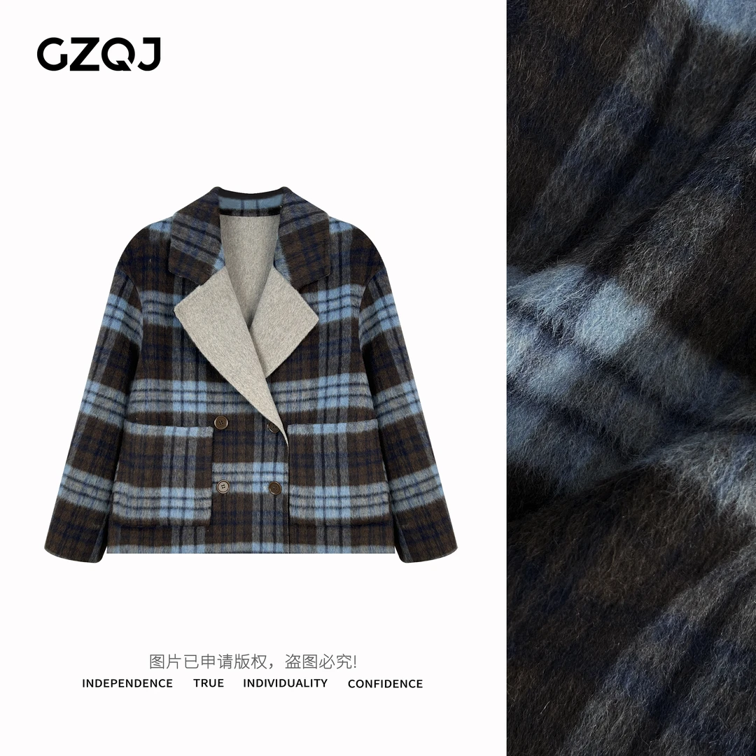 广州琴姐【米兰度假】两面穿双面呢格子羊毛大衣女秋冬毛呢外套2618