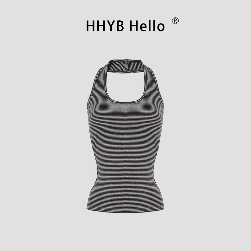 HHYB Hello2025新款带胸垫U领挂脖细条纹修身显瘦吊带背心253110