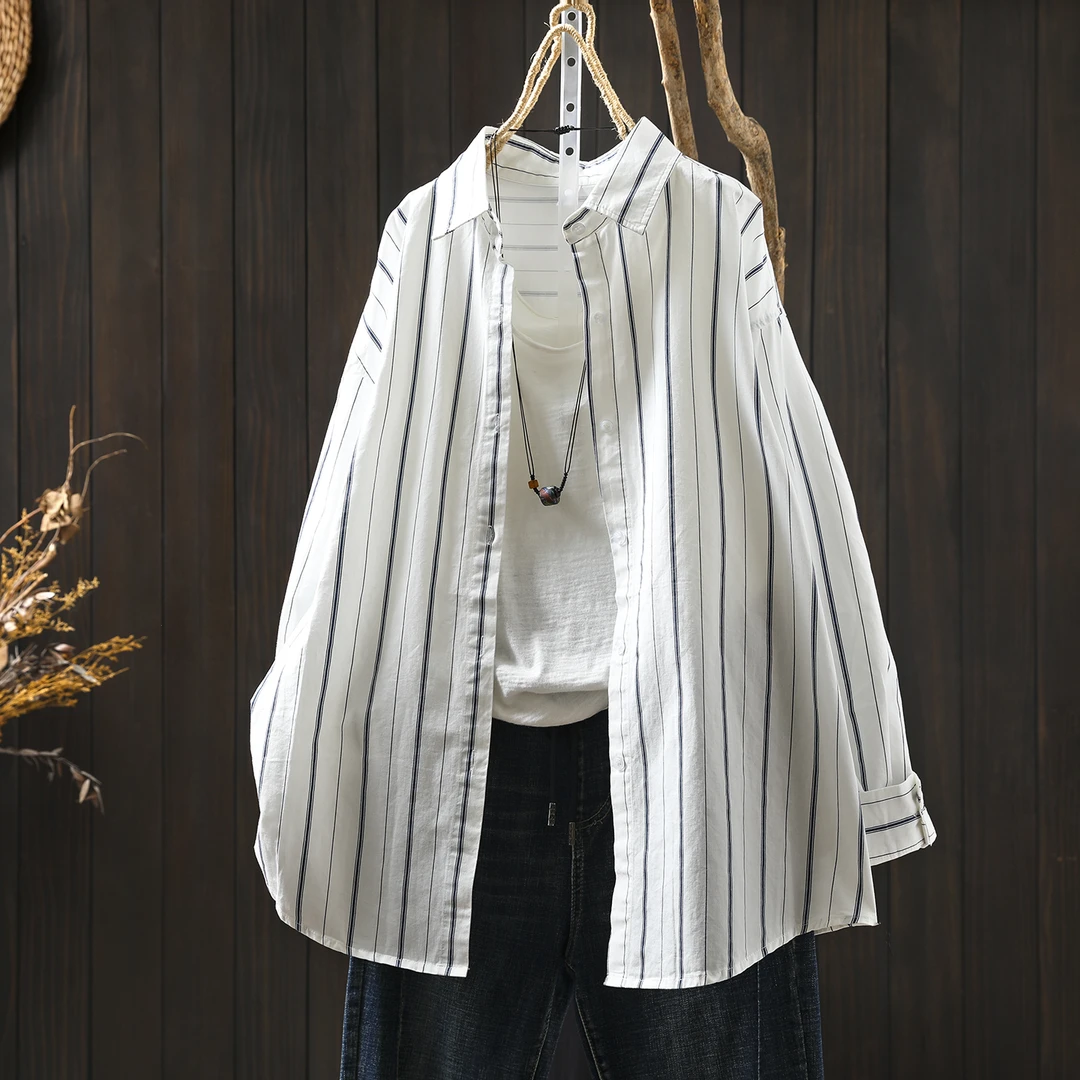气质女士上衣2025早秋新款纯棉条纹简约清爽通勤穿搭长袖衬衫外套