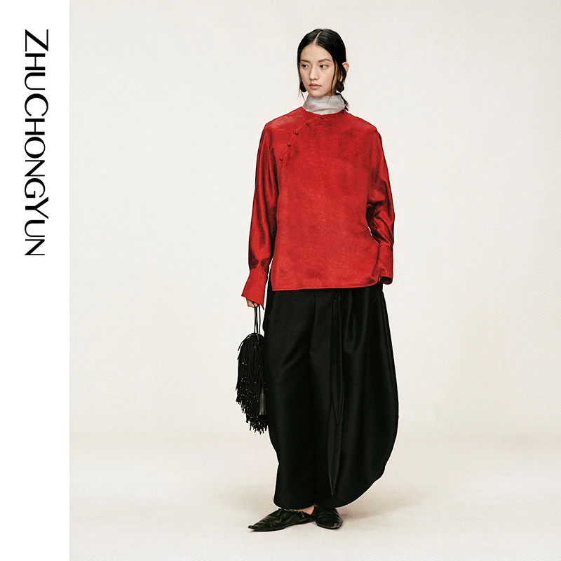 【大秀同款】ZHUCHONGYUN25冬新款暗纹斜门襟圆领红色上衣CCFZ40229