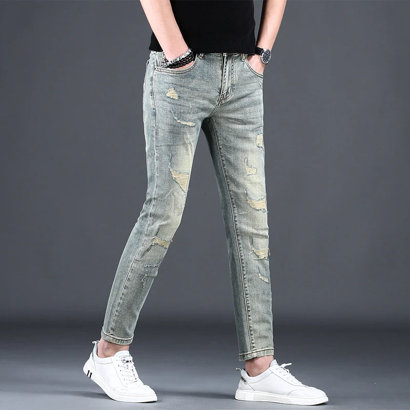 AEMAPE韩版修身复古小脚破洞牛仔裤男时尚潮流休闲百搭水洗长裤子